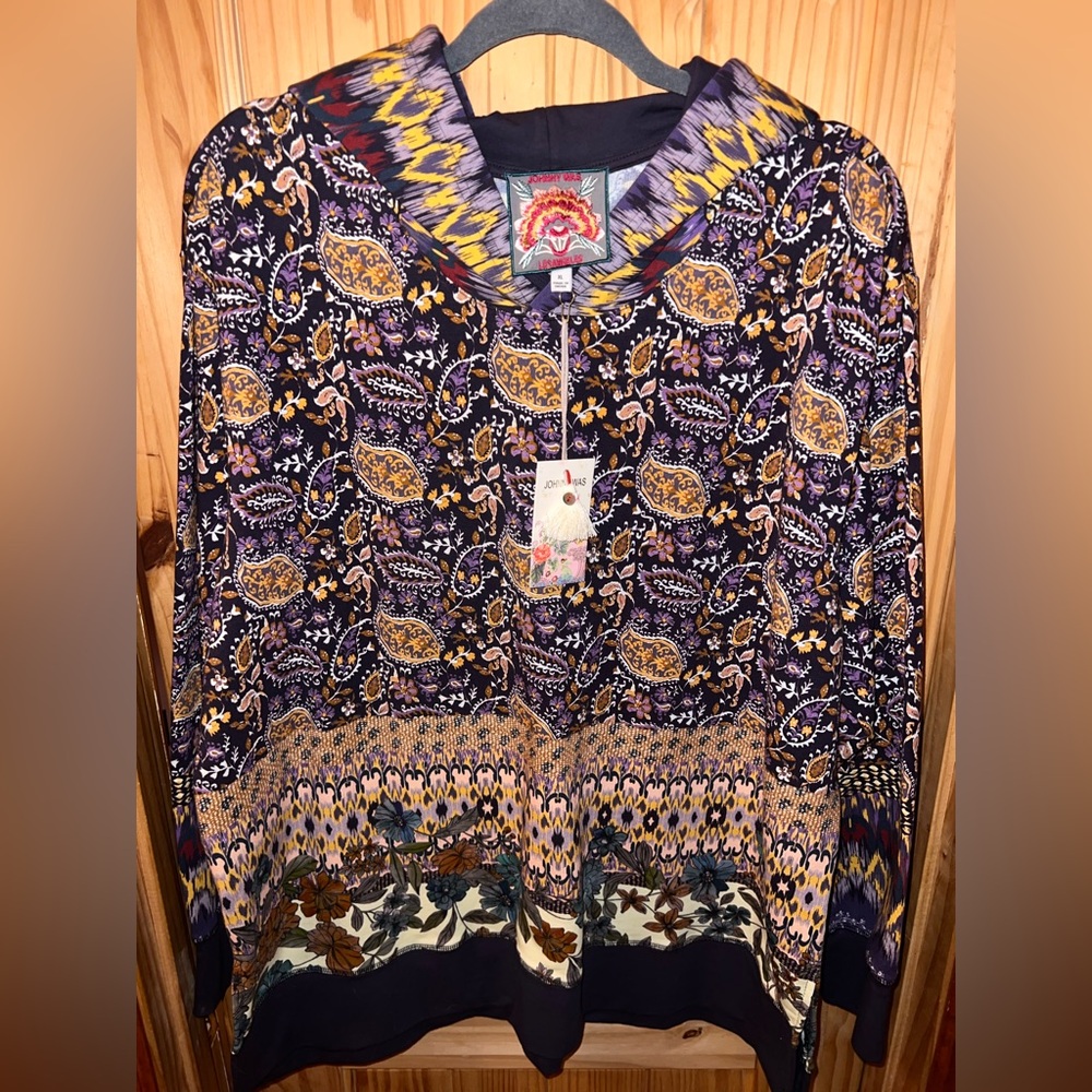 JOHNNY WAS Betzy High Low Patterned Boho Pullover Hoodie Extra Large NWT $198